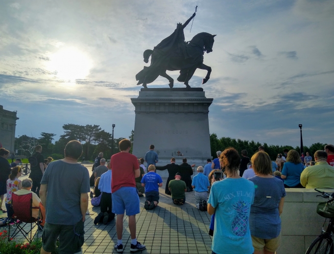 Catholics gathered last month to defend a statue of St. Louis, the namesake of the ‘Gateway to the West.’ Catholics gathered last month to defend a statue of St. Louis, the namesake of the ‘Gateway to the West.’