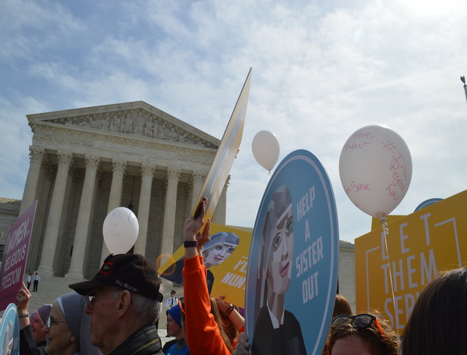 Religious sisters show their support of the Little Sisters of the Poor outside the Supreme Court, where oral arguments were heard on March 23 in the Zubik v. Burwell case against the HHS mandate.
Religious sisters show their support of the Little Sisters of the Poor outside the Supreme Court, where oral arguments were heard on March 23 in the Zubik v. Burwell case against the HHS mandate.