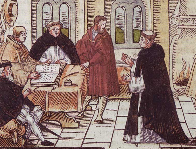 A 16th-century manuscript depicts Martin Luther’s meeting with Cardinal Cajetan. A 16th-century manuscript depicts Martin Luther’s meeting with Cardinal Cajetan.