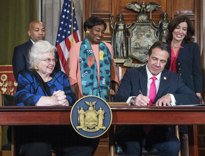 In this photo provided by the office of Gov. Andrew Cuomo, Cuomo, right, signs the Reproductive Health Act during a ceremony Jan. 22 in the Red Room at the State Capitol in Albany, N.Y. Also pictured are attorney Sarah Weddington, front left, who argued Roe v. Wade before the Supreme Court; New York State assembly Speaker Carl Heastie, back left; New York state Senate Leader Andrea Stewart-Cousins, D-Yonkers, standing center; and Democratic Lt. Gov Kathy Hochul, back right.
In this photo provided by the office of Gov. Andrew Cuomo, Cuomo, right, signs the Reproductive Health Act during a ceremony Jan. 22 in the Red Room at the State Capitol in Albany, N.Y. Also pictured are attorney Sarah Weddington, front left, who argued Roe v. Wade before the Supreme Court; New York State assembly Speaker Carl Heastie, back left; New York state Senate Leader Andrea Stewart-Cousins, D-Yonkers, standing center; and Democratic Lt. Gov Kathy Hochul, back right.