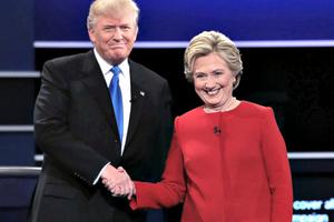 Donald Trump and Hillary Clinton shake hands before Monday's presidential debate. Donald Trump and Hillary Clinton shake hands before Monday's presidential debate.