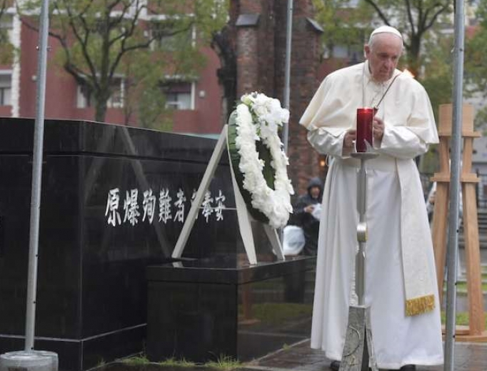 Pope Francis prays at the Nagasaki ground zero site on Nov. 24. Pope Francis prays at the Nagasaki ground zero site on Nov. 24.