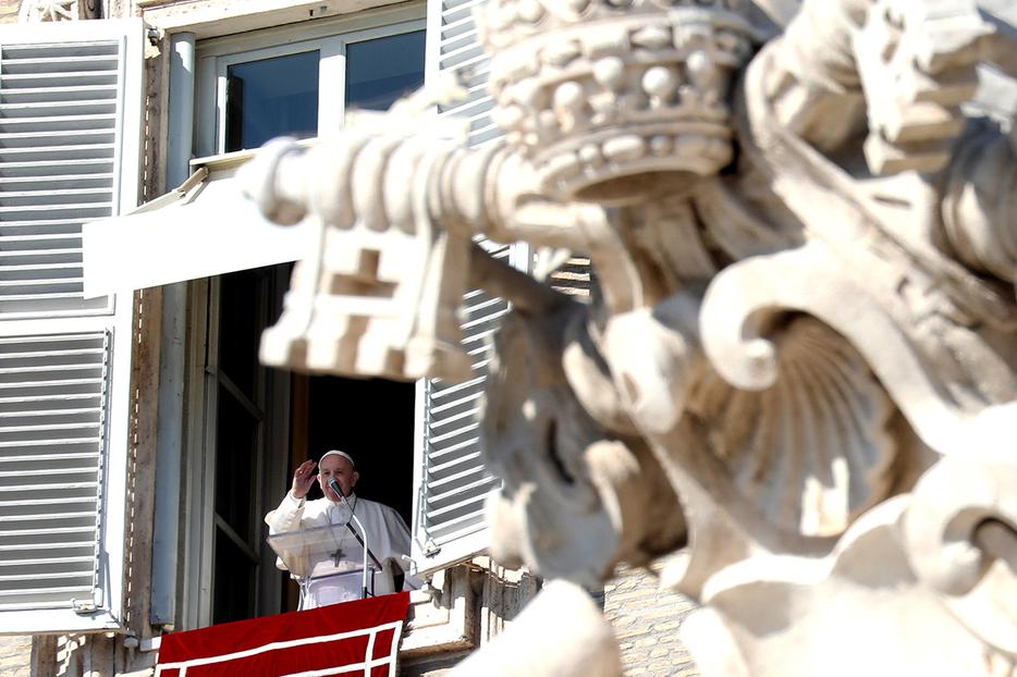 Pope Francis delivers his Sunday Angelus address from the window of the Apostolic Palace overlooking St. Peter’s Square, Feb. 16, 2020. Pope Francis delivers his Sunday Angelus address from the window of the Apostolic Palace overlooking St. Peter’s Square, Feb. 16, 2020.