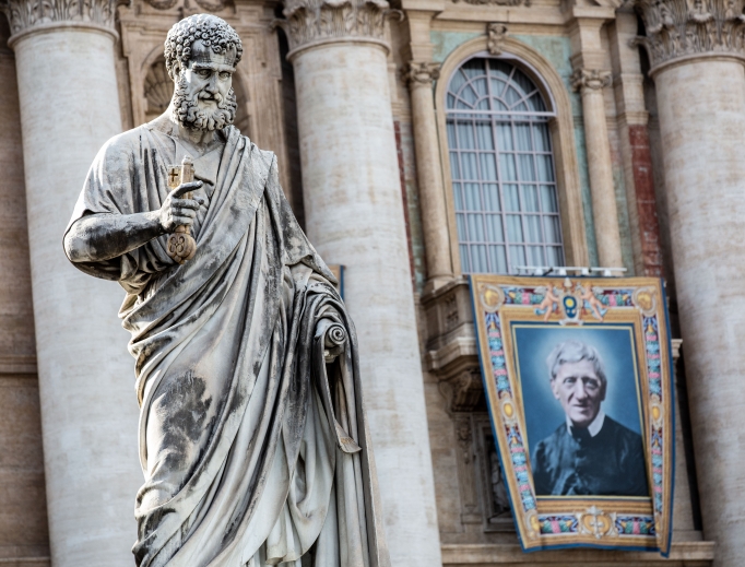 Official canonization portrait of John Henry Newman hangs in St. Peter's Square on Oct. 10. Official canonization portrait of John Henry Newman hangs in St. Peter's Square on Oct. 10.