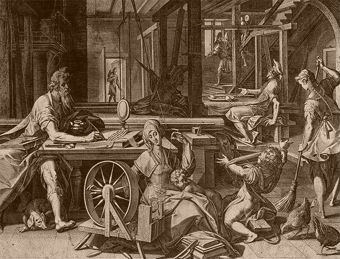 St. Paul is staying in the house of Aquila and his wife Priscilla, the family are making tents and St. Paul is writing. St. Paul is staying in the house of Aquila and his wife Priscilla, the family are making tents and St. Paul is writing.