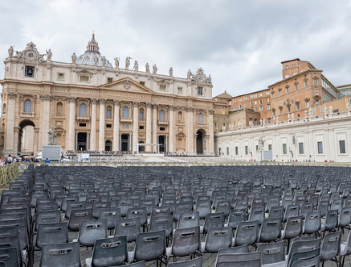Sea of chairs prepared for mass in Saint Peter's Square. Sea of chairs prepared for mass in Saint Peter's Square.