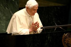 Pope Benedict XVI speaks at the United Nations headquarters April 18, 2008, in New York City. Pope Benedict XVI speaks at the United Nations headquarters April 18, 2008, in New York City.