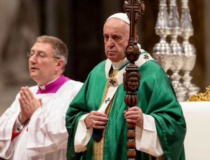 Pope Francis carries a new crosier for the Amazon synod closing Mass Oct. 27. Daniel Ibanez/CNA. Pope Francis carries a new crosier for the Amazon synod closing Mass Oct. 27. Daniel Ibanez/CNA.