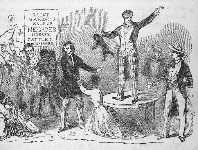 An illustration of a slave auction from "Five Hundred Thousand Strokes for Freedom” by Wilson Armistead An illustration of a slave auction from "Five Hundred Thousand Strokes for Freedom” by Wilson Armistead