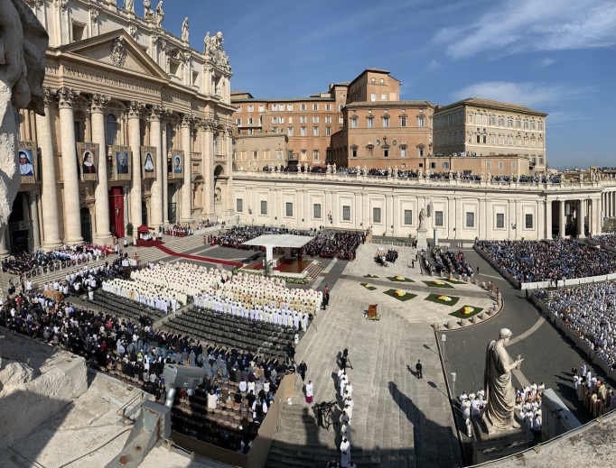 At the canonization Mass for Sts. Giuseppina Vannini, Mariam Thresia Chiramel Mankidiyan, Dulce Lopes Pontes, Marguerite Bays and John Henry Newman, shown underway Oct. 13 in St. Peter’s Square, Pope Francis said, ‘Today we give thanks to the Lord for our new saints. They walked by faith, and now we invoke their intercession.’ At the canonization Mass for Sts. Giuseppina Vannini, Mariam Thresia Chiramel Mankidiyan, Dulce Lopes Pontes, Marguerite Bays and John Henry Newman, shown underway Oct. 13 in St. Peter’s Square, Pope Francis said, ‘Today we give thanks to the Lord for our new saints. They walked by faith, and now we invoke their intercession.’