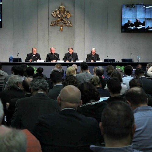 From left to right, Bishop Enrico Solmi of Italy, Archishop Mark Coleridge of Australia, Patriarch Fouad Twal of Jerusalem and Father Federico Lombardi, the director of the Holy See Press Office, give a press briefing during the Ordinary Synod of Bishops on the Family on Oct. 19 at the Vatican. From left to right, Bishop Enrico Solmi of Italy, Archishop Mark Coleridge of Australia, Patriarch Fouad Twal of Jerusalem and Father Federico Lombardi, the director of the Holy See Press Office, give a press briefing during the Ordinary Synod of Bishops on the Family on Oct. 19 at the Vatican.