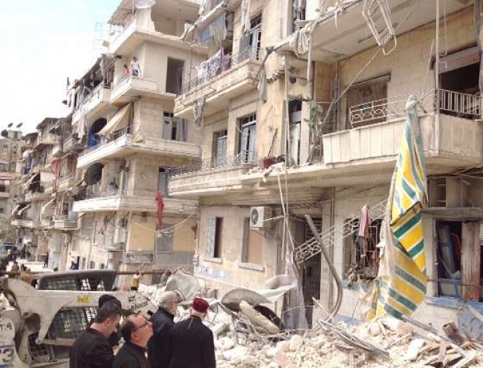 The scene of a May 2015 attack on Christians in Aleppo. The scene of a May 2015 attack on Christians in Aleppo.