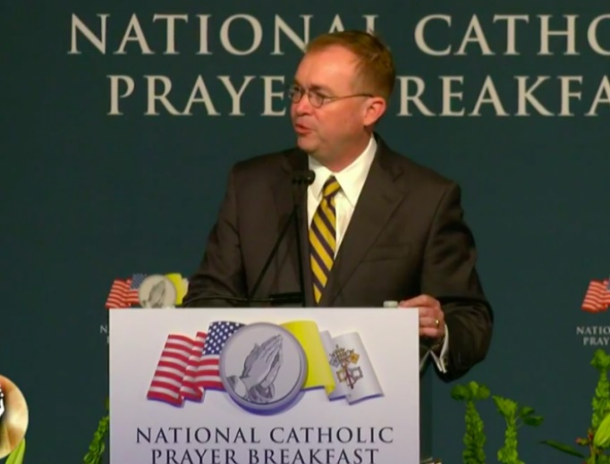 Acting White House Chief of Staff Mick Mulvaney at the National Catholic Prayer Breakfast, April 23, 2019. Acting White House Chief of Staff Mick Mulvaney at the National Catholic Prayer Breakfast, April 23, 2019.