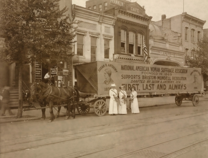 In 1914 a horse drawn float declares National American Woman Suffrage Association's support for Bristow-Mondell Resolution drafted by Susan B. Anthony, 1874. In 1914 a horse drawn float declares National American Woman Suffrage Association's support for Bristow-Mondell Resolution drafted by Susan B. Anthony, 1874.