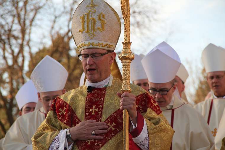 Bishop James Conley prays at installation Mass outside of Risen Christ Cathedral in Lincoln, Nebraska, Nov. 20, 2012. Bishop James Conley prays at installation Mass outside of Risen Christ Cathedral in Lincoln, Nebraska, Nov. 20, 2012.