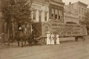 In 1914 a horse drawn float declares National American Woman Suffrage Association's support for Bristow-Mondell Resolution drafted by Susan B. Anthony, 1874. In 1914 a horse drawn float declares National American Woman Suffrage Association's support for Bristow-Mondell Resolution drafted by Susan B. Anthony, 1874.