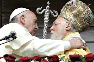 Pope Francis and Ecumenical Patriarch Bartholomew I of Constantinople speak to the faithful after the Divine Liturgy at the Ecumenical Patriarchate on Nov. 30 in Istanbul. Pope Francis and Ecumenical Patriarch Bartholomew I of Constantinople speak to the faithful after the Divine Liturgy at the Ecumenical Patriarchate on Nov. 30 in Istanbul.