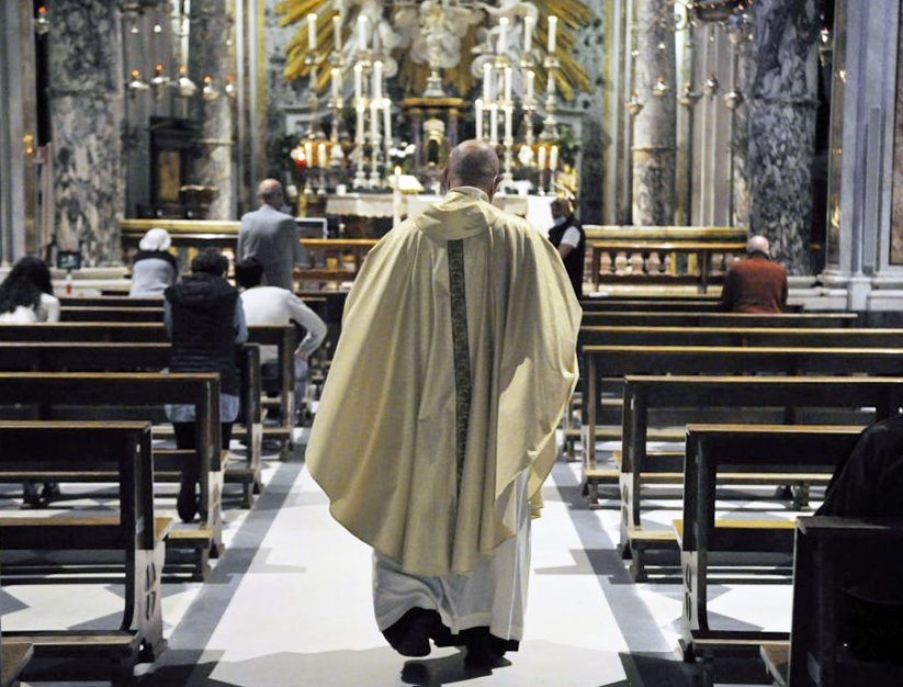 Mass is offered May 3 at Santuario di Montenero in Livorno, Italy. Public Masses will officially start up again May 18, but some priests in Italy have already resumed Masses with people in attendance. Mass is offered May 3 at Santuario di Montenero in Livorno, Italy. Public Masses will officially start up again May 18, but some priests in Italy have already resumed Masses with people in attendance.