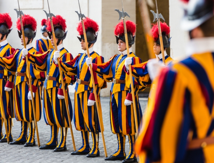 Swiss guards stand at attention on November 5, 2015. Swiss guards stand at attention on November 5, 2015.