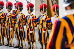 Swiss guards stand at attention on November 5, 2015. Swiss guards stand at attention on November 5, 2015.