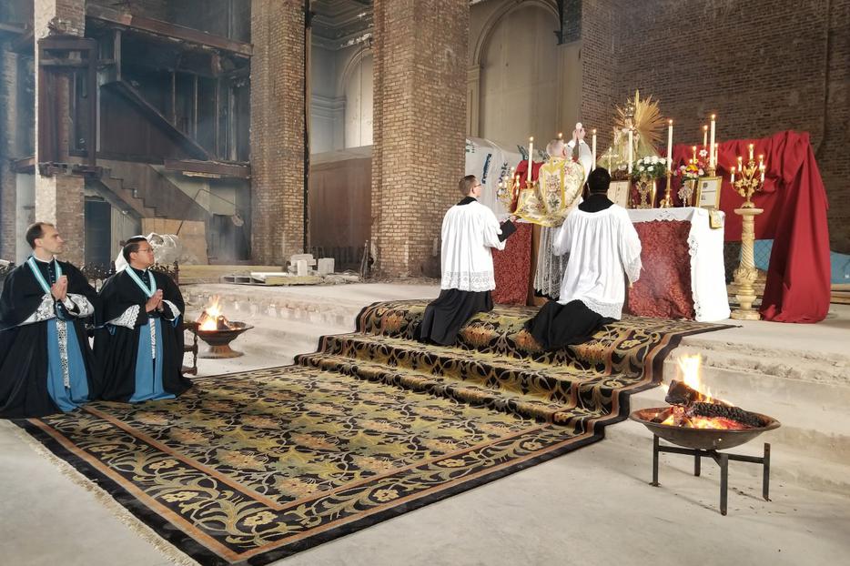 Holy Mass was offered once again at the shrine Nov. 24, 2018. Canon Matthew Talarico offered the Holy Sacrifice in the presence of the Holy Infant King statue, which, though made of wood, was not consumed in the roaring blaze three years ago. Holy Mass was offered once again at the shrine Nov. 24, 2018. Canon Matthew Talarico offered the Holy Sacrifice in the presence of the Holy Infant King statue, which, though made of wood, was not consumed in the roaring blaze three years ago.