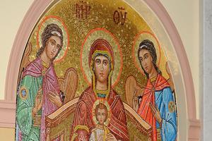 Theotokos icon at and interior of Ukrainian Catholic Church of the Assumption of the Blessed Virgin Mary in Perth Amboy, N.J. Theotokos icon at and interior of Ukrainian Catholic Church of the Assumption of the Blessed Virgin Mary in Perth Amboy, N.J.