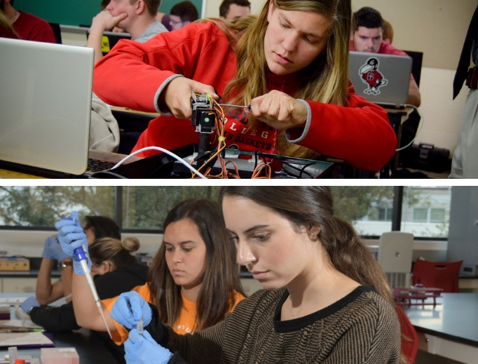 Top, Rachelle Regli, a Benedictine College senior mechanical engineering major from Ferndale, California, fine-tunes a robot in her robotics class, as, shown in lower photo, students at the University of St. Thomas work in a campus laboratory. Top, Rachelle Regli, a Benedictine College senior mechanical engineering major from Ferndale, California, fine-tunes a robot in her robotics class, as, shown in lower photo, students at the University of St. Thomas work in a campus laboratory.
