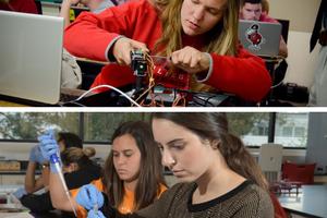 Top, Rachelle Regli, a Benedictine College senior mechanical engineering major from Ferndale, California, fine-tunes a robot in her robotics class, as, shown in lower photo, students at the University of St. Thomas work in a campus laboratory. Top, Rachelle Regli, a Benedictine College senior mechanical engineering major from Ferndale, California, fine-tunes a robot in her robotics class, as, shown in lower photo, students at the University of St. Thomas work in a campus laboratory.