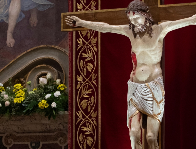 A crucifix is in view at a penitential service with Pope Francis on the fourth and final day of the meeting on 'The Protection of Minors in the Church' at the Vatican Feb. 24.
A crucifix is in view at a penitential service with Pope Francis on the fourth and final day of the meeting on 'The Protection of Minors in the Church' at the Vatican Feb. 24.