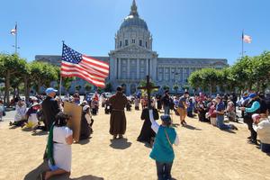 Catholic priests and the faithful gather in prayerful protest in front of San Francisco's City Hall July 5. Catholic priests and the faithful gather in prayerful protest in front of San Francisco's City Hall July 5.