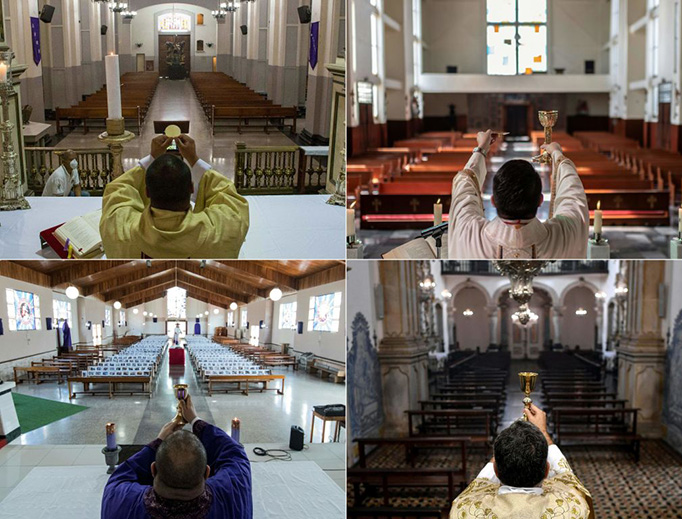 This combination of pictures created on April 12, 2020, shows Holy Week Masses being celebrated behind closed doors amid the outbreak of the new coronavirus in (L-R and top to bottom) Caracas, Tlalnepantla in Mexico, San Jose and Ouro Preto in Brazil. This combination of pictures created on April 12, 2020, shows Holy Week Masses being celebrated behind closed doors amid the outbreak of the new coronavirus in (L-R and top to bottom) Caracas, Tlalnepantla in Mexico, San Jose and Ouro Preto in Brazil.
