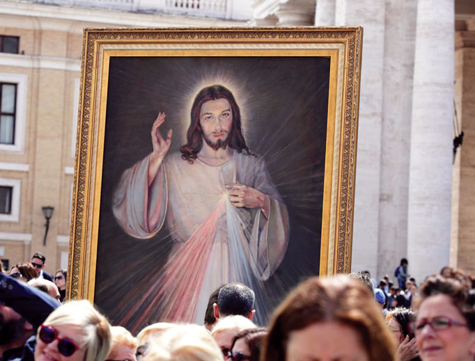 The Divine Mercy image is on display at the Regina Caeli with Pope Francis in St. Peter’s Square April 23, 2017. The Divine Mercy image is on display at the Regina Caeli with Pope Francis in St. Peter’s Square April 23, 2017.