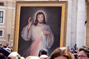 The Divine Mercy image is on display at the Regina Caeli with Pope Francis in St. Peter’s Square April 23, 2017. The Divine Mercy image is on display at the Regina Caeli with Pope Francis in St. Peter’s Square April 23, 2017.
