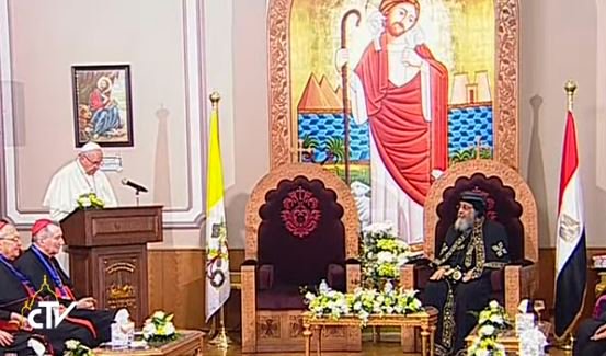 Pope addresses Coptic Orthodox Patriarch Tawardos II at Coptic Orthodox cathedral April 28. Pope addresses Coptic Orthodox Patriarch Tawardos II at Coptic Orthodox cathedral April 28.