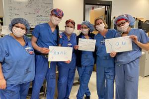 Hospital staff express their thanks for the hand-sewn masks provided by the Dominican sisters at the Dominican Monastery of Our Lady of the Rosary in Summit, New Jersey. Hospital staff express their thanks for the hand-sewn masks provided by the Dominican sisters at the Dominican Monastery of Our Lady of the Rosary in Summit, New Jersey.