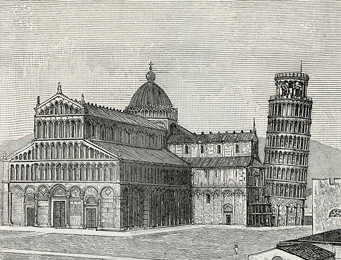 Woodcut of the Duomo of Pisa and its leaning campanile. Woodcut of the Duomo of Pisa and its leaning campanile.