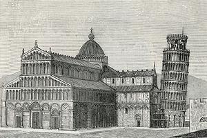 Woodcut of the Duomo of Pisa and its leaning campanile. Woodcut of the Duomo of Pisa and its leaning campanile.