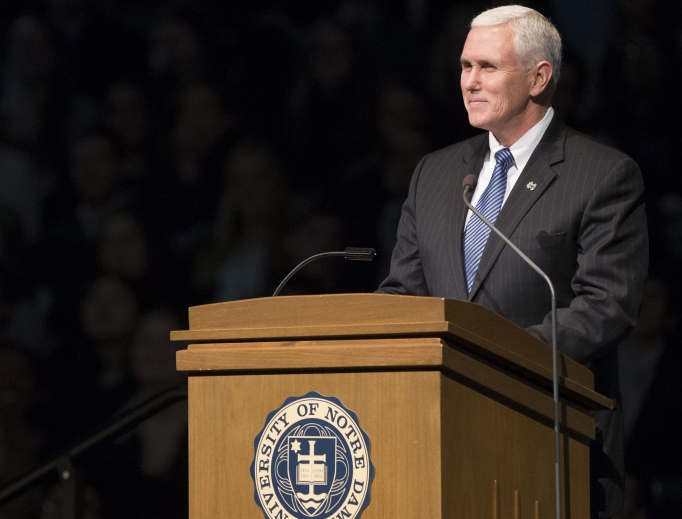 Mike Pence, then-governor of Indiana, speaks during the memorial service for Father Theodore Hesburgh in the Purcell Pavilion at the University of Notre Dame in South Bend, Indiana. Vice President Pence will return to Notre Dame as 2017 commencement speaker. Mike Pence, then-governor of Indiana, speaks during the memorial service for Father Theodore Hesburgh in the Purcell Pavilion at the University of Notre Dame in South Bend, Indiana. Vice President Pence will return to Notre Dame as 2017 commencement speaker.