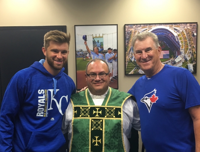 From left to right: Drew Butera, Father Richard Rocha and Sal Butera. From left to right: Drew Butera, Father Richard Rocha and Sal Butera.