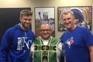 From left to right: Drew Butera, Father Richard Rocha and Sal Butera. From left to right: Drew Butera, Father Richard Rocha and Sal Butera.
