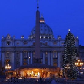 The Nativity scene and Christmas tree are seen in the early morning in St. Peter's Square. The Nativity scene and Christmas tree are seen in the early morning in St. Peter's Square.