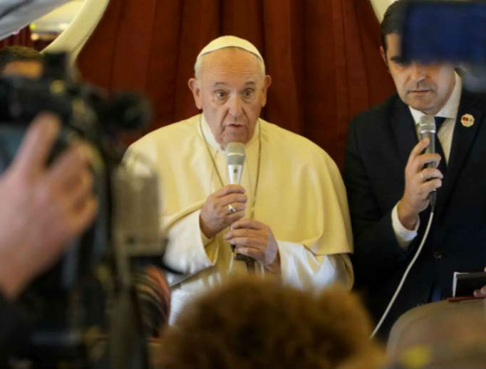 Pope Francis speaks aboard the flight from Rabat to Rome, March 31, 2019. Pope Francis speaks aboard the flight from Rabat to Rome, March 31, 2019.
