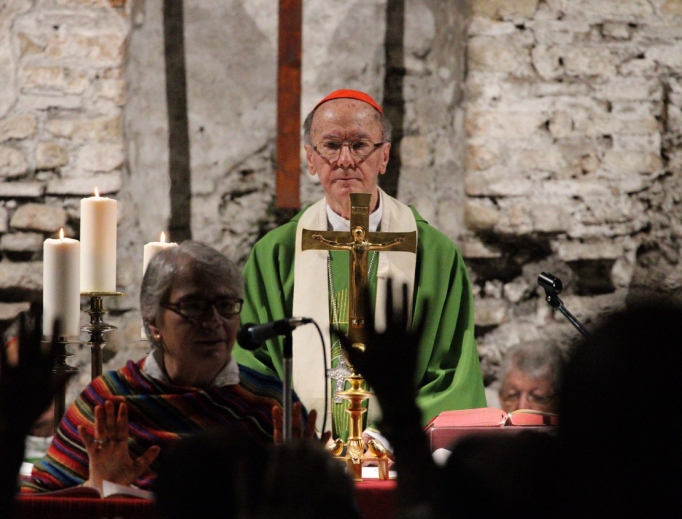 Brazilian Cardinal Claudio Hummes, the synod’s relator general, celebrated Mass Oct. 20 in the Catacombs of Domitilla; the Mass was attended by about 250 faithful, including other synod participants, representatives of REPAM, the body running the Oct. 6-27 meeting, religious and local faithful. Brazilian Cardinal Claudio Hummes, the synod’s relator general, celebrated Mass Oct. 20 in the Catacombs of Domitilla; the Mass was attended by about 250 faithful, including other synod participants, representatives of REPAM, the body running the Oct. 6-27 meeting, religious and local faithful.