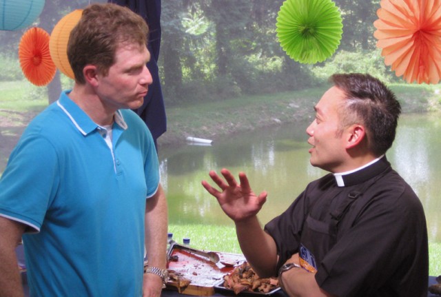 Former altar boy Bobby Flay issues his fajita throwdown challenge to Father Leo Patalinghug on the Food Network. Former altar boy Bobby Flay issues his fajita throwdown challenge to Father Leo Patalinghug on the Food Network.