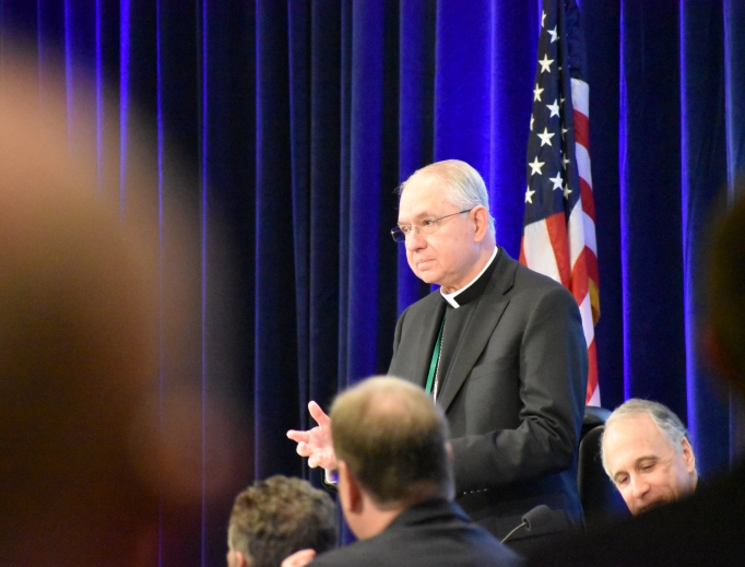 Archbishop José Gomez of Los Angeles addresses his brother bishops after being elected to a three-year term as president of the U.S. Conference of Catholic Bishops during the second day of the USCCB’s fall meeting in Baltimore Nov. 12. He assumed the helm Nov. 14. Archbishop José Gomez of Los Angeles addresses his brother bishops after being elected to a three-year term as president of the U.S. Conference of Catholic Bishops during the second day of the USCCB’s fall meeting in Baltimore Nov. 12. He assumed the helm Nov. 14.