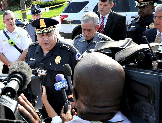 Capitol Hill Chief of Police Matthew Verderosa briefs members of the press near Eugene Simpson Field, the site where a gunman opened fire June 14 in Alexandria, Virginia. Capitol Hill Chief of Police Matthew Verderosa briefs members of the press near Eugene Simpson Field, the site where a gunman opened fire June 14 in Alexandria, Virginia.