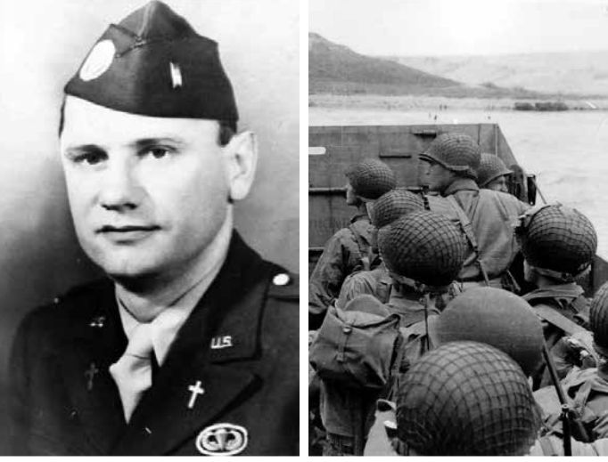 Above right, U.S. assault troops in an LCVP landing craft approach Omaha Beach on June 6, 1944. Father Ignatius Maternowski (shown at left) died that fateful day. Above right, U.S. assault troops in an LCVP landing craft approach Omaha Beach on June 6, 1944. Father Ignatius Maternowski (shown at left) died that fateful day.