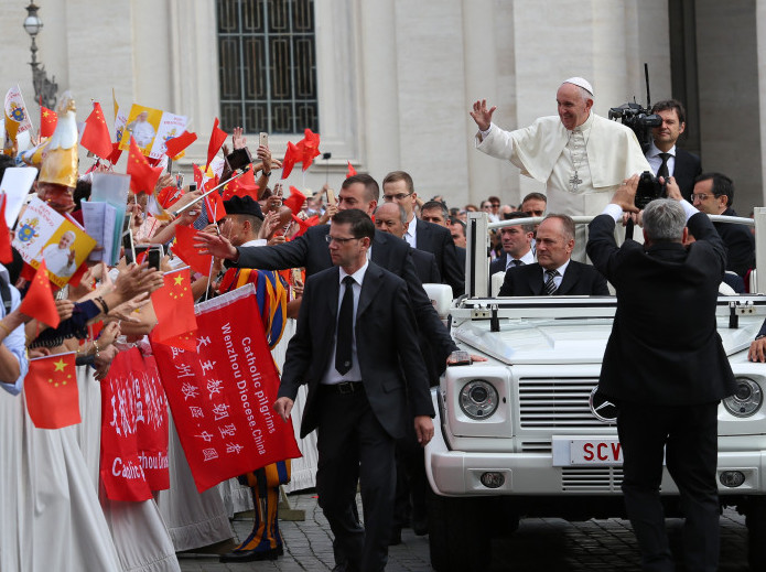 Pope Francis waves at pilgrims from China at his general audience in St. Peter's Square on Sept. 7, 2016. Pope Francis waves at pilgrims from China at his general audience in St. Peter's Square on Sept. 7, 2016.