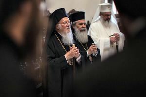 Ecumenical Patriarch Bartholomew I (l), Patriarch Theophilos of Jerusalem (c) and Patriarch Daniel of Romania take part a Divine Liturgy in Patriarchal and Stavropegial Monastery of Gonia in the Greek Island of Crete. The leaders of the world's Orthodox Christian Churches have gathered on the Greek island of Crete for a landmark meeting. Below, Father John Chryssavgis, spokesman of the Ecumenical Patriarchate, addresses questions during the Press Briefing. Ecumenical Patriarch Bartholomew I (l), Patriarch Theophilos of Jerusalem (c) and Patriarch Daniel of Romania take part a Divine Liturgy in Patriarchal and Stavropegial Monastery of Gonia in the Greek Island of Crete. The leaders of the world's Orthodox Christian Churches have gathered on the Greek island of Crete for a landmark meeting. Below, Father John Chryssavgis, spokesman of the Ecumenical Patriarchate, addresses questions during the Press Briefing.