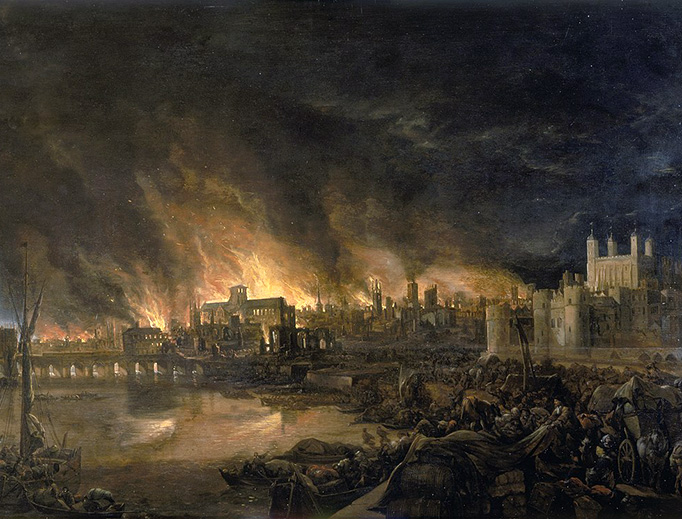 This anonymous 1675 painting shows the great fire of London as seen from a boat in vicinity of Tower Wharf. The painting depicts Old London Bridge, various houses, a drawbridge and wooden parapet and several churches, including Old St. Paul’s. This anonymous 1675 painting shows the great fire of London as seen from a boat in vicinity of Tower Wharf. The painting depicts Old London Bridge, various houses, a drawbridge and wooden parapet and several churches, including Old St. Paul’s.
